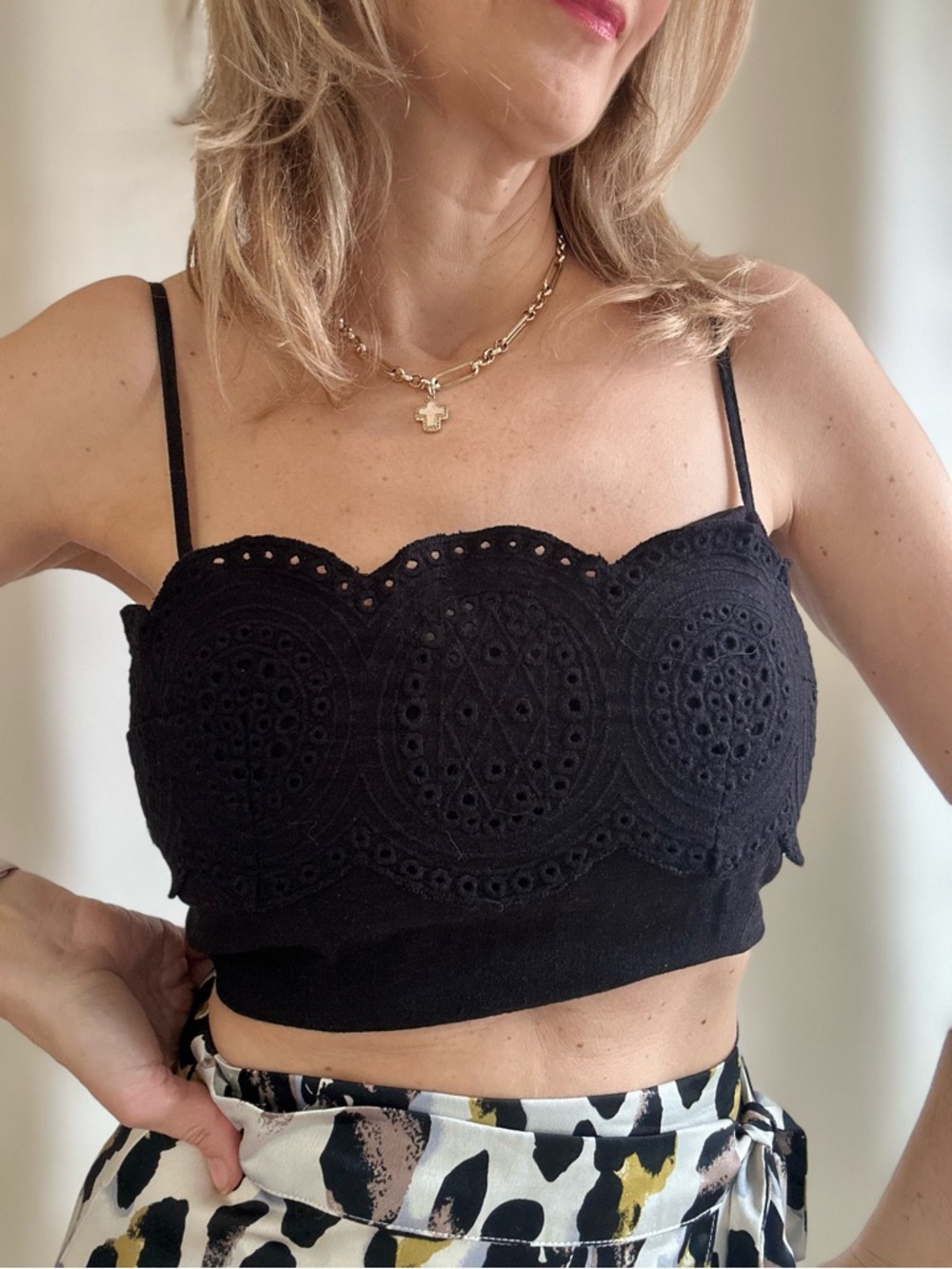 Sigrid Olsen Black Lace Eyelet Cropped Camisole